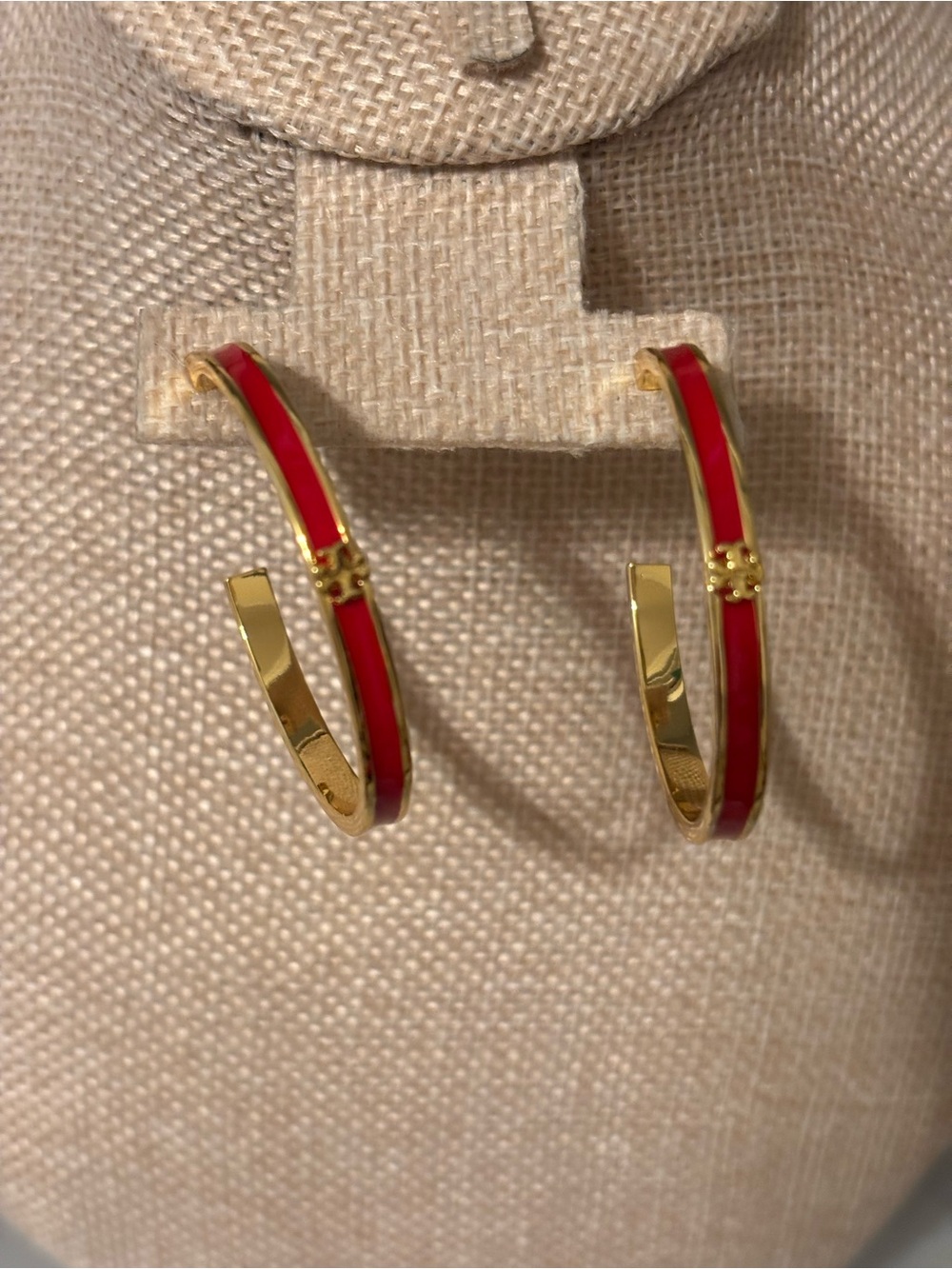 Gold Tone Hoop Earrings with Red Enamel Accent